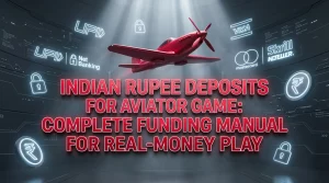 Aviator game banner with crimson plane and glowing INR symbols, depicting secure Indian Rupee deposits in a fintech vault.