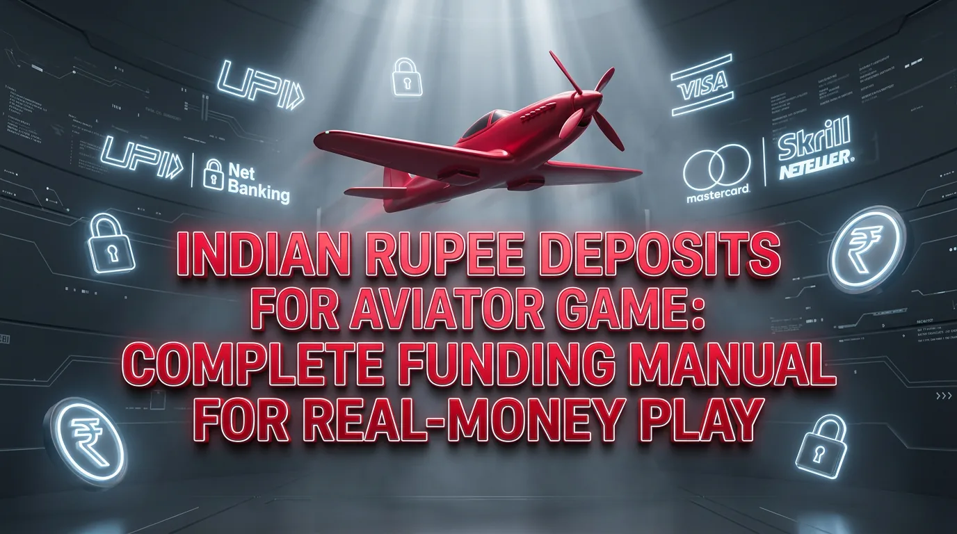 Aviator game banner with crimson plane and glowing INR symbols, depicting secure Indian Rupee deposits in a fintech vault.
